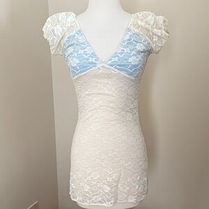 Frankie's Bikinis Cody Lace Dress Blue Cream Stretch Size M